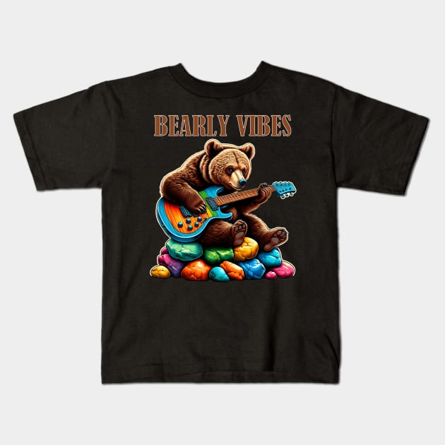 Bearly Vibes Bear Playing Guitar Kids T-Shirt by Merchweaver